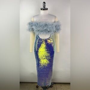 💚 3164. Blue Sequins Feather Evening Dress